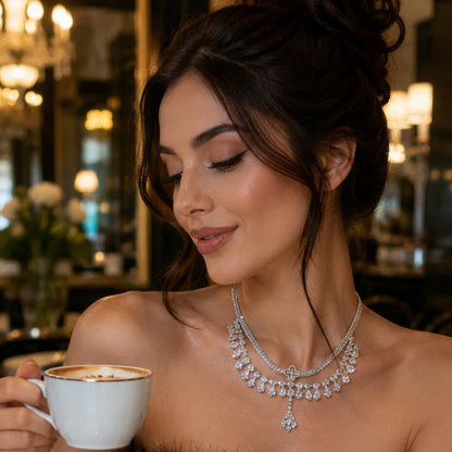 Collana Fiore di Zirconi con Goccia d'Acqua e Ciondolo Occhio di Tigre